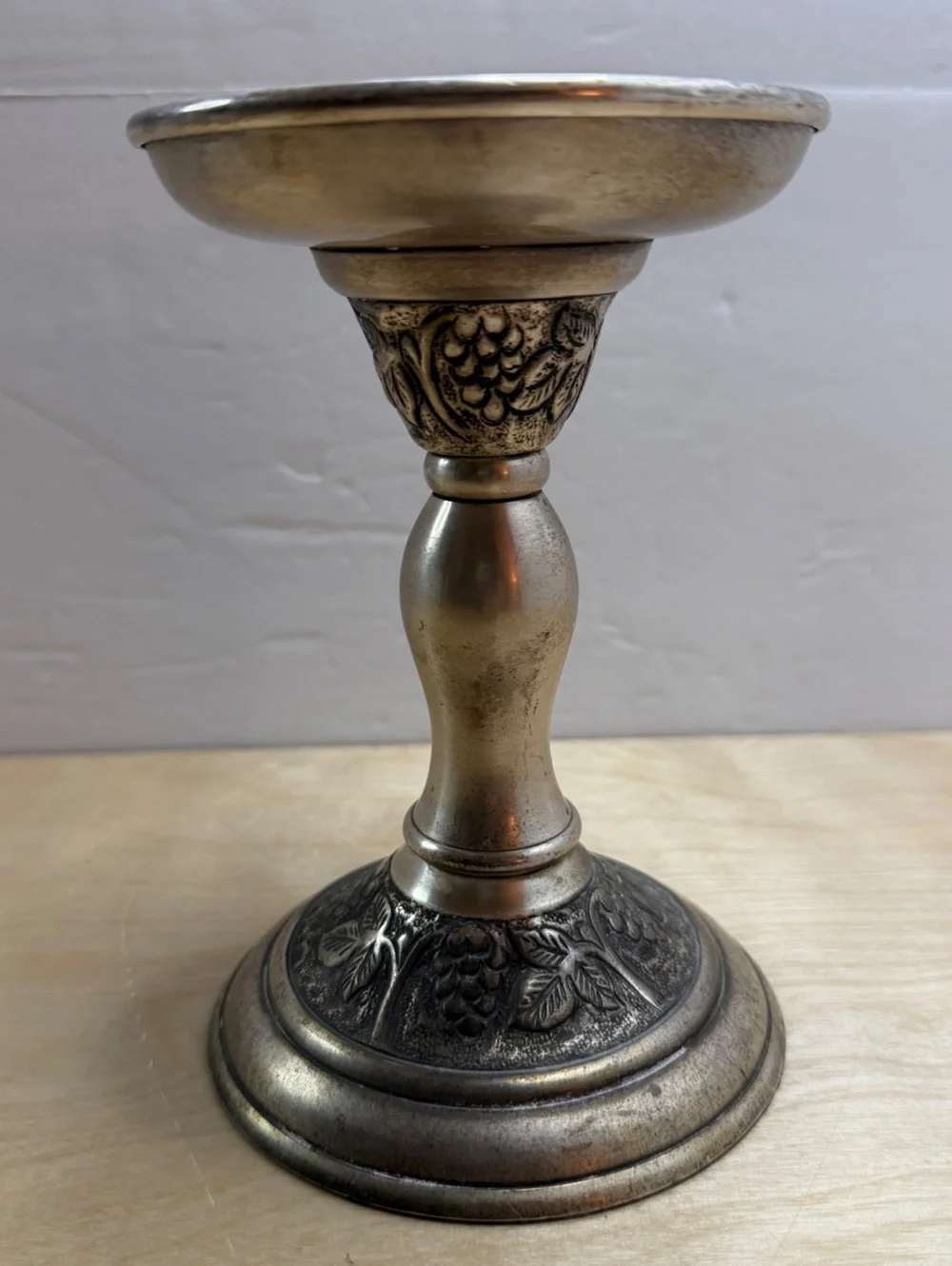 Pottery Barn Silver Tone Decorative Pillar Candle Holder with Grapevine Design